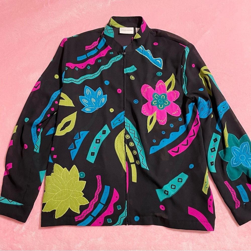 Women’s Vintage Colorful Sheer Floral Whimsical Zip Jacket Size Large
